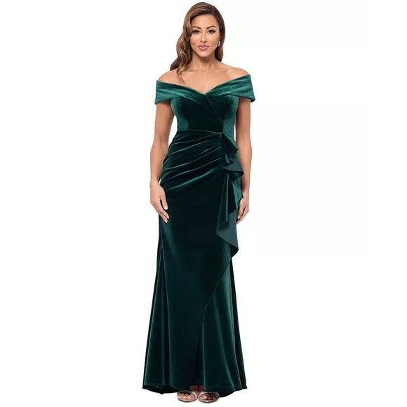 XSCAPE Petite Ruffled Off-The-Shoulder Velvet Gown Hunter P16 - Picture 1 of 9